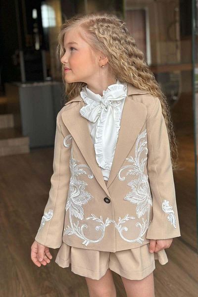 Riccotarz Girl's Collar Tie Ruffle Detailed Chiffon Shirt Flower Embroidered Jacket Beige Shorts Suit