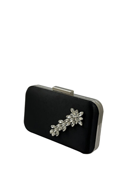 MidStore Black Color Satin Silver Case Silver Stone Evening Dress Bag Evening...