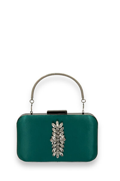 MidStore Green Color Satin Silver Case Silver Stone Handle Evening Evening Ba...