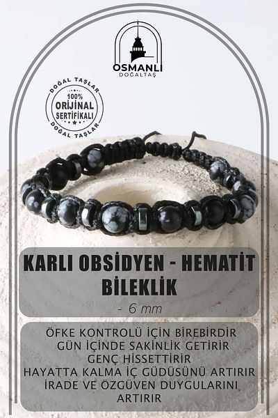 OSMANLI DOĞAL TAŞ 6mm Dietic Genuine Certified Men's Bracelet - Natural Stone with Snowy Obsidian and Hematite String
