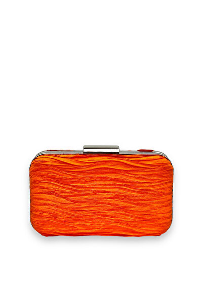 MidStore حقيبة سهرة برتقالية اللون من الساتان المطوي مع مقبض معدني، حقيبة سهر...