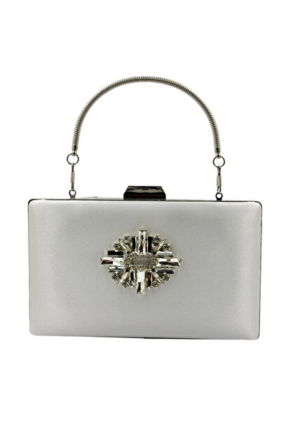 MidStore Ecru Color Satin Silver Case Silver Stone Evening Dress Bag Evening ...