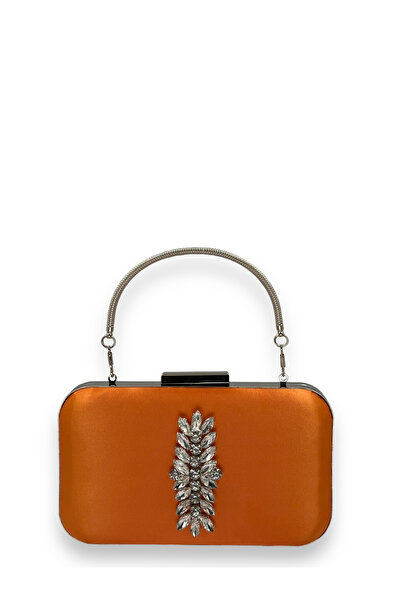 Generic Brand Orange Color Satin Silver Case Silver Stone Handle Evening Even...