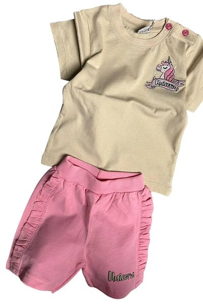 Riccotarz Baby Girl Unicorn Embroidery Embroidered T-Shirt Pink Shorts Suit with Ruffled Sides