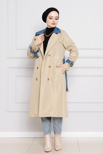 Sevitli Beige Color Denim Detailed Trench Coat