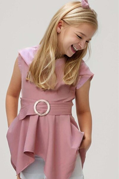 Riccotarz Girl's Crew Neck Belt Detailed Asymmetrical Cut Pink Shorts Suit