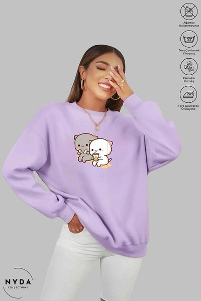 Nyda Collections Унисекс суитшърт с дълъг ръкав, щампа Bubu Dudu Swing и качулка, с повдигнати елементи и голям размер