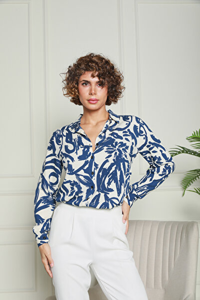 Butik Nuevoo Kadın Koyu Toz Mavi Desenli Viskon Gömlek