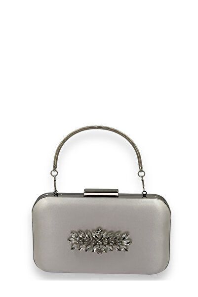 MidStore Color Satin Silver Case with Silver Stone Handle Evening Dress Eveni...