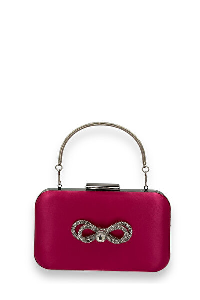 MidStore Fuchsia Color Satin Silver Case with Handle Silver Stone Evening Dre...