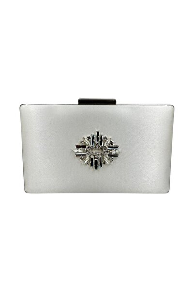 Wedding Fashion Geanta de seara din satin de culoare ecru sidef cu carcasa argintie din piatra argintie geanta de seara