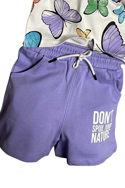 Riccotarz Butterfly Patterned Short Sleeve Girls' Shorts Set - Purple