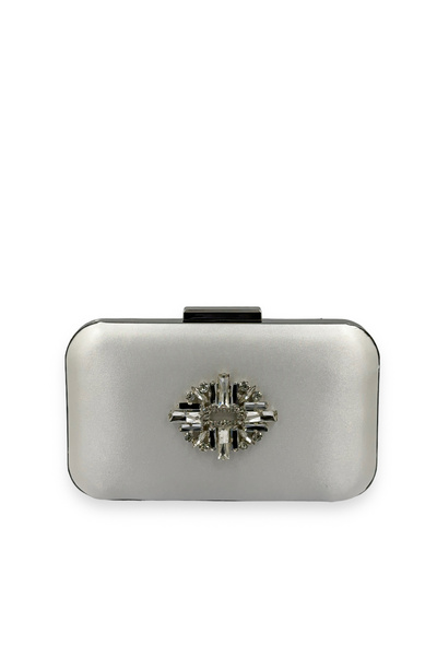 MidStore Ecru Color Satin Silver Case Silver Stone Evening Dress Bag Evening ...