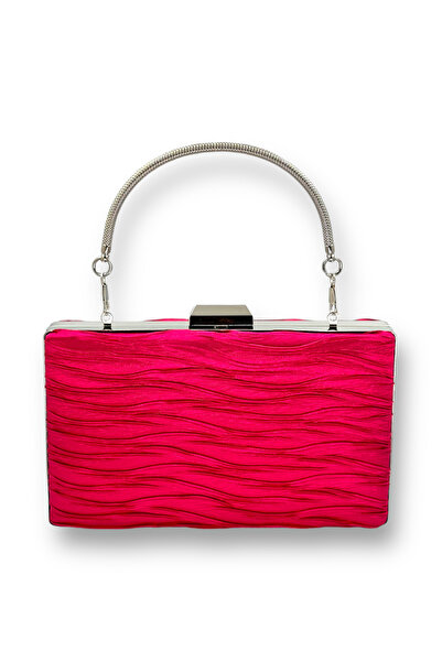 MidStore حقيبة سهرة من الساتان المطوي باللون الفوشيا مع مقبض معدني، حقيبة سهر...