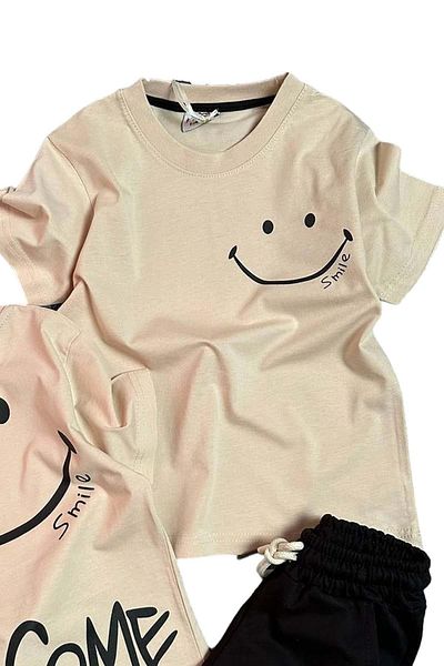 Riccotarz Welcome Text Black Combed Cotton T-Shirt and Smile Printed Shorts Set for Boys