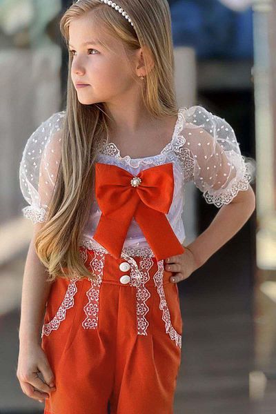 Riccotarz Girl's Square Collar Transparent Detailed Orange Shorts Suit