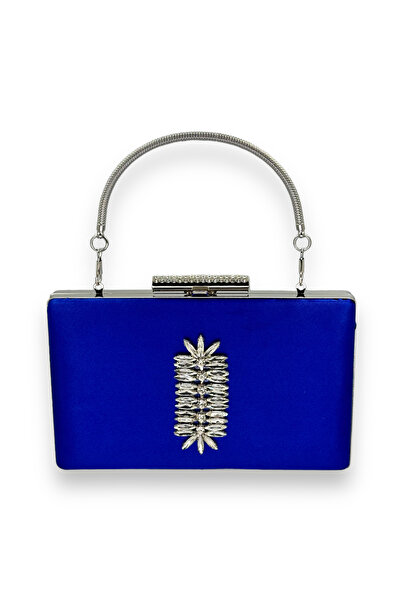 MidStore Saks Blue Color Satin Crystal Stone Evening Dress Bag Evening Bag He...