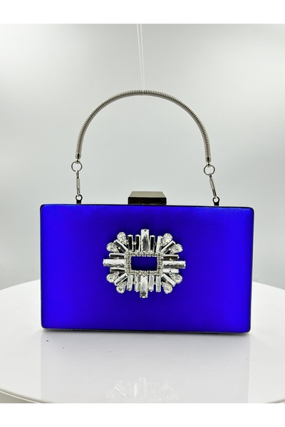 MidStore Cobalt Blue Colors Satin Silver Case Silver Stone Evening Dress Bag ...