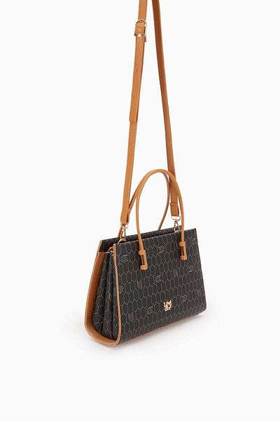 Levidor Black-Camel Honeycomb Printed Three-Compartment Handbag