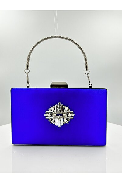 MidStore Cobalt Blue Colors Satin Silver Case Silver Stone Evening Dress Bag ...