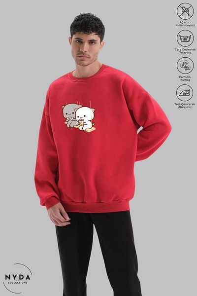 Nyda Collections Унисекс суитшърт с дълъг ръкав, щампа Bubu Dudu Swing и качулка, с повдигнати елементи и голям размер