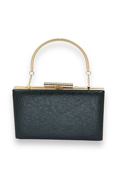 MidStore Crystal Patterned Black Matte Leather Metal Handle Evening Bag Eveni...