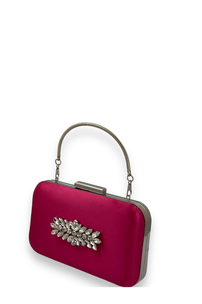 MidStore Fuchsia Color Satin Silver Case Silver Stone Handle Evening Dress Ev...
