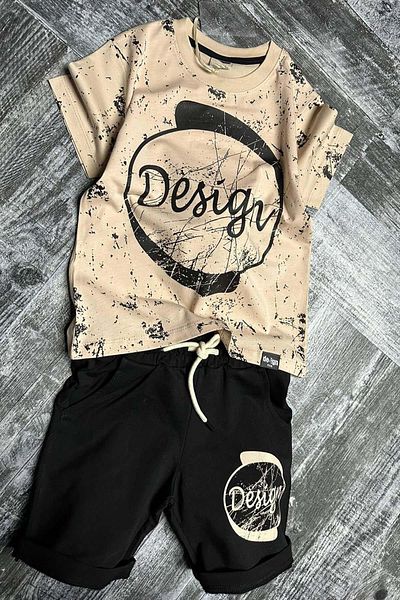 Riccotarz Set de pantaloni scurți negri cu mânecă scurtă cu imprimeu Cerc și design pentru băieți