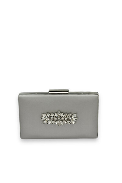 MidStore Silver Gray Color Non-Scratch Satin Silver Stone Evening Dress Bag