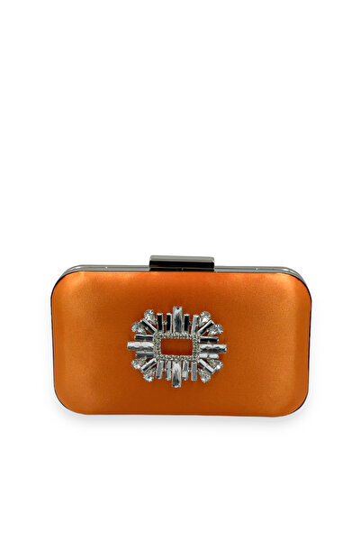 Generic Brand Orange Color Satin Silver Case Silver Stone Evening Dress Bag E...