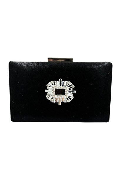 MidStore Geantă de seară satinată, culoare neagră, decorată cu pietre argintii, ideală pentru nuntă, logodnă sau evenimente elegante, portofoliu.