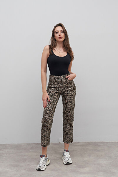 Rabia Çelik Kadın Leopar Desen Yüksek Bel Boyfit Kesim Jean Pantolon