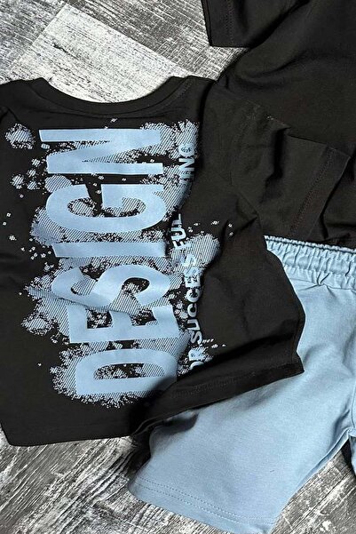 Riccotarz Boy's Design Double Print Crew Neck Blue Shorts Suit