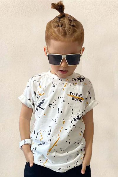 Riccotarz Boy's To Feel Text and Paint Patterned T-Shirt Set with Black Shorts