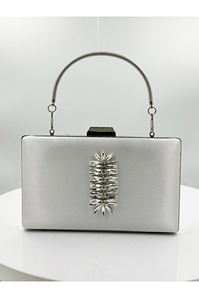 MidStore Ecru Color Satin Silver Case Silver Stone Evening Dress Bag Evening ...