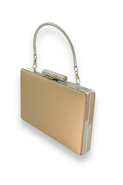 Wedding Fashion Nude Colored Matte Satin Evening Dress with Non-Scratch Hand and Print Detail, Evening Bag and Portfolio Clutch for Wedding and Engagement