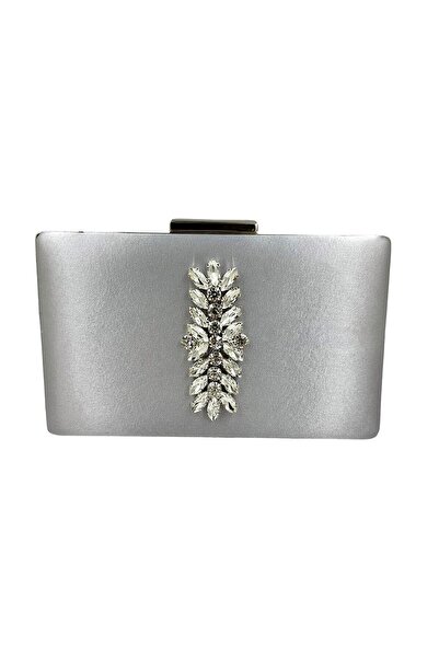 Wedding Fashion Geantă elegantă gri argintiu din material satin cu carcasă argintie și pietre argintii, pentru seară, nuntă sau logodnă.