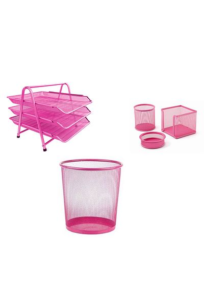 Mas Pink Metal Office Set - 3-Piece Evak Shelf, Pen Holder, Clapper, and Cup Block Dustbin