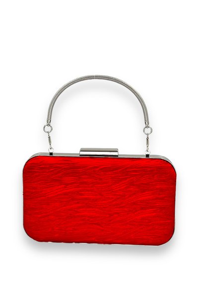 MidStore Red Silver Satin Pleated Metal Handle Case Women Evening Dress Bag W...