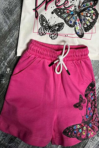 Riccotarz Girl's Butterfly and Text Printed Combed Cotton Pink Shorts Set