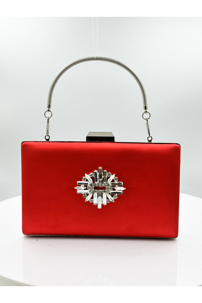 MidStore Red Color Satin Silver Case Silver Stone Evening Dress Bag Evening B...