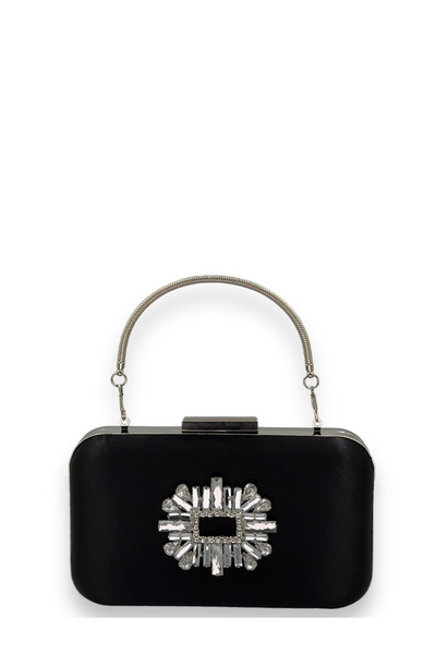 Generic Brand Black Color Satin Silver Case Silver Stone Handle Strappy Eveni...