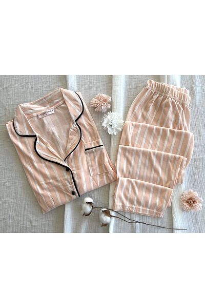 belse butik Striped Bamboo Jacket Collar Pajama Set - Pijamerry