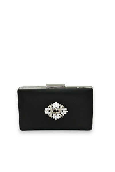 MidStore Black Color Non-Scratch Satin Silver Stone Evening Dress Bag