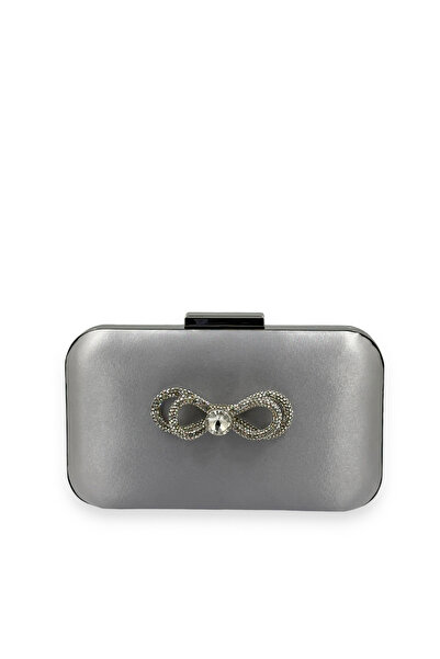 MidStore Geantă elegantă de seară gri, din satin, cu carcasă argintie și piat...