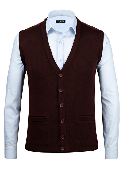 Çizgi Triko Ανδρικό πλεκτό γιλέκο μπορντό με κουμπιά και λεπτομέρεια τσέπης, ...