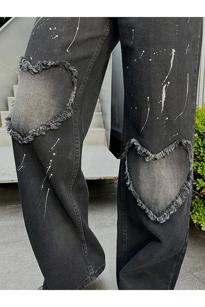 DESTİNE Y2K Heart Detailed Black Tasseled Streetwear Baggy Jeans