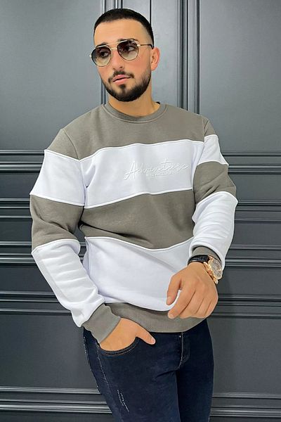MİSHAR İTALİA Ανδρικό φούτερ Khakibeyaz Crew Neck με τρεις κλωστές ανασηκωμένο χρώμα