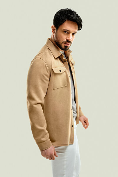 Avva Чоловіча сорочка-жакет з відкритим бежевим замшевим виглядом, з кишенями на кнопках спереду A41Y6010