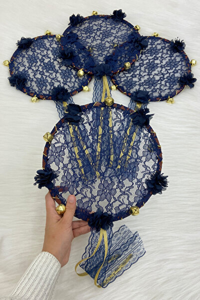 ZEYMERADE الدانتيل الأزرق الداكن لوصيفة العروس الدانتيل 3D مزين، حناء الزفاف ...